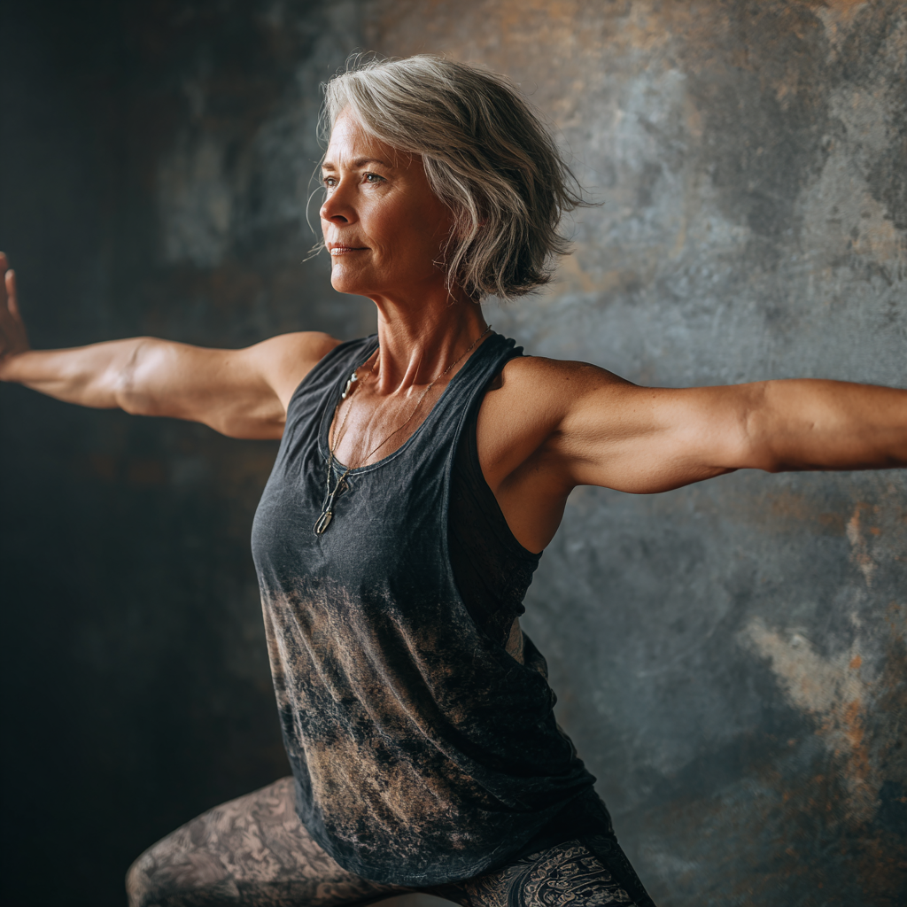 Confident 52 years old woman in warrior pose showing strength and balance