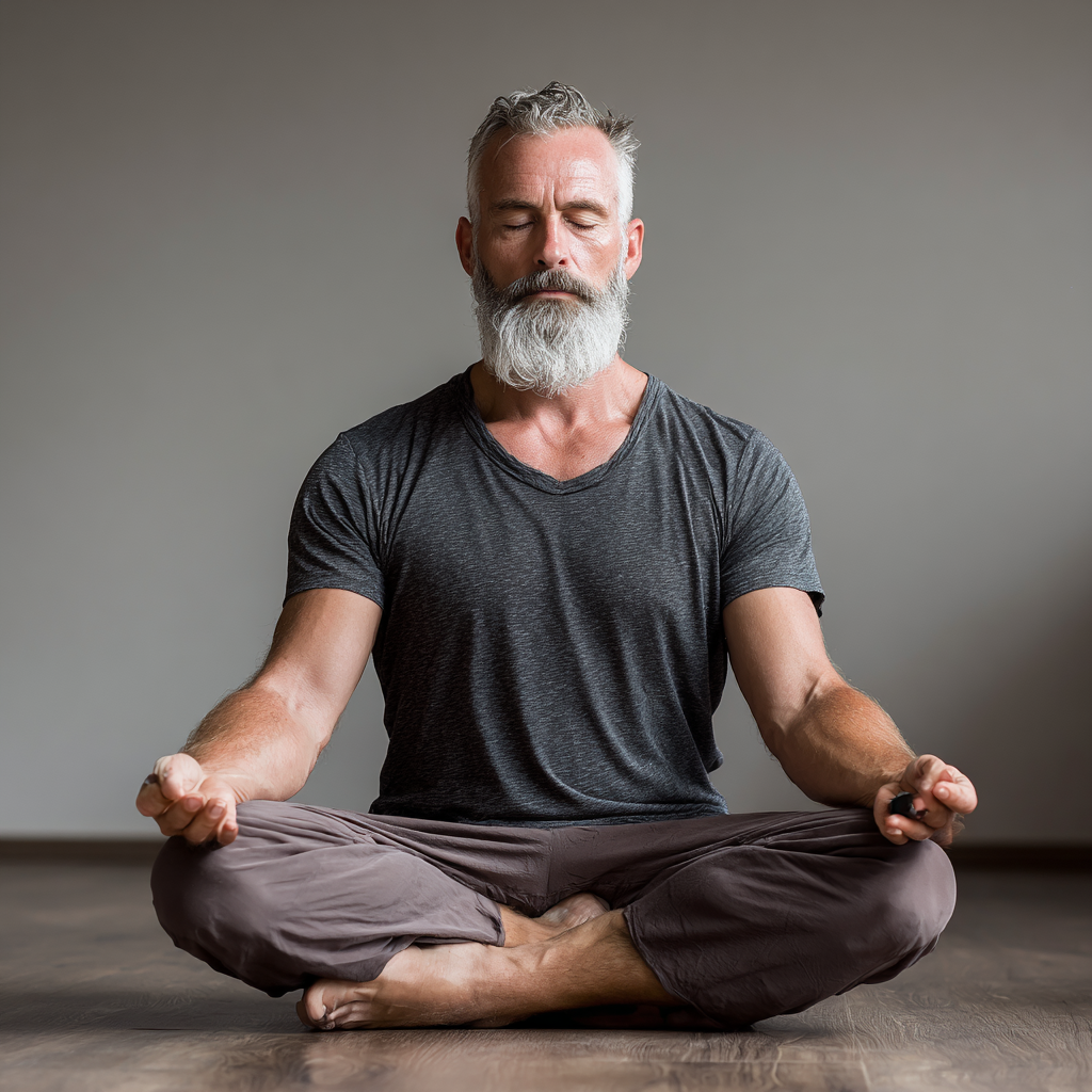 Experienced 50 years old yoga instructor in peaceful meditation pose