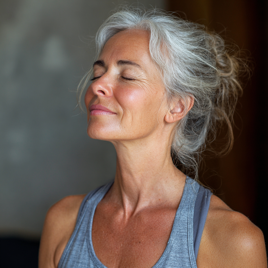 Happy 53 years old woman sharing her yoga journey experience